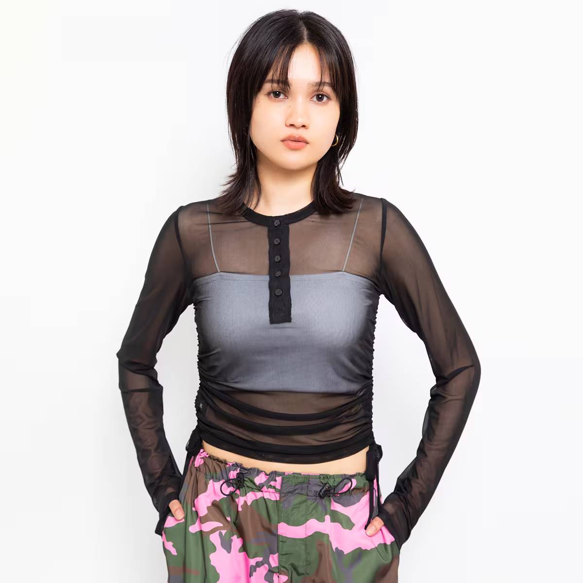 ATMOS PINK SHIRRING SEE-THROUGH TOP