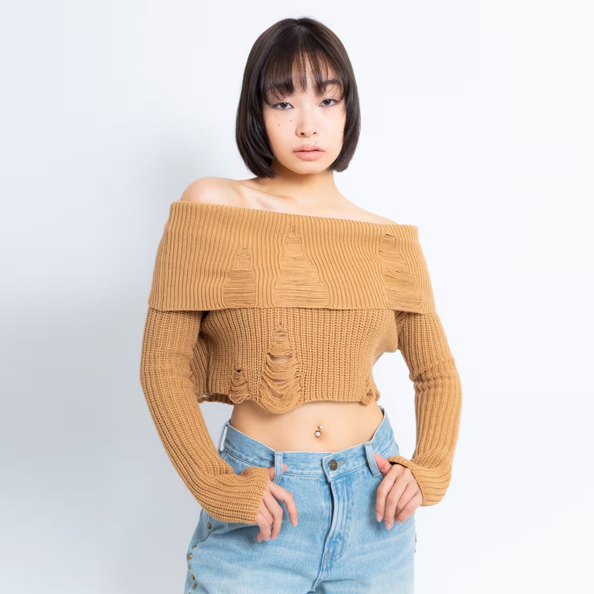 ATMOS PINK DAMAGED OFF-SHOULDER KNIT TOP