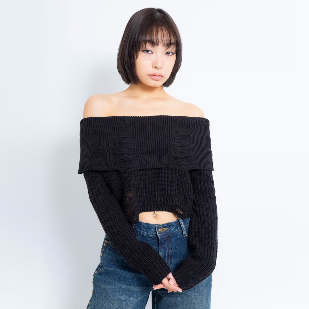 ATMOS PINK DAMAGED OFF-SHOULDER KNIT TOP