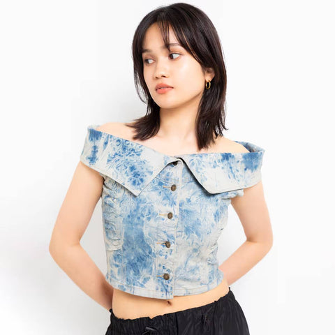 ATMOS PINK DENIM OFF SHOULDER TOP